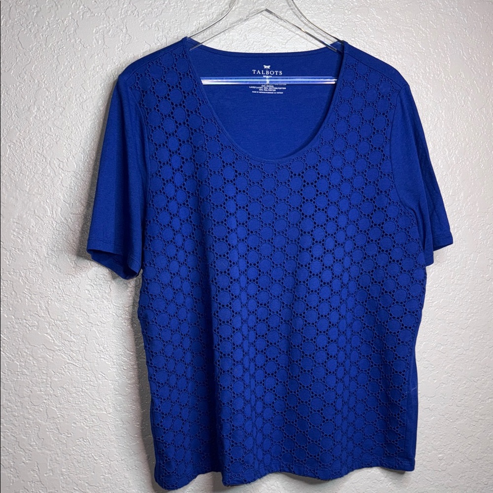 Talbots Cobalt Blue Short Sleeve Eyelet Knit Tee - Picture 2 of 5